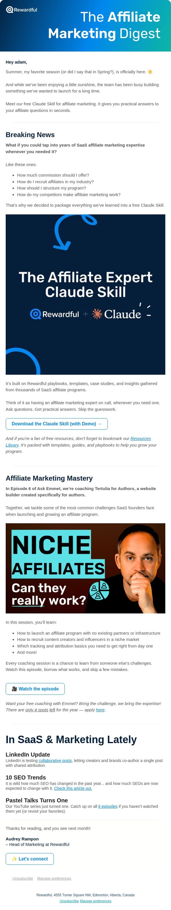 We turned years of affiliate expertise into a Claude Skill email from Rewardful screenshot