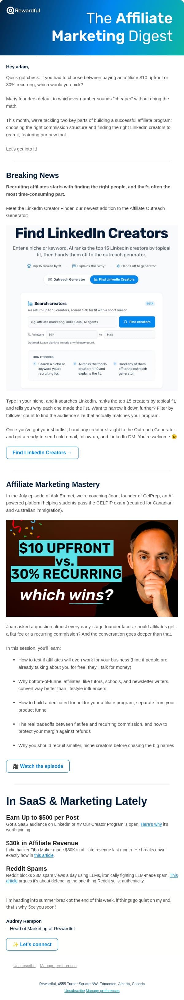 $10 upfront or 30% recurring? email from Rewardful screenshot