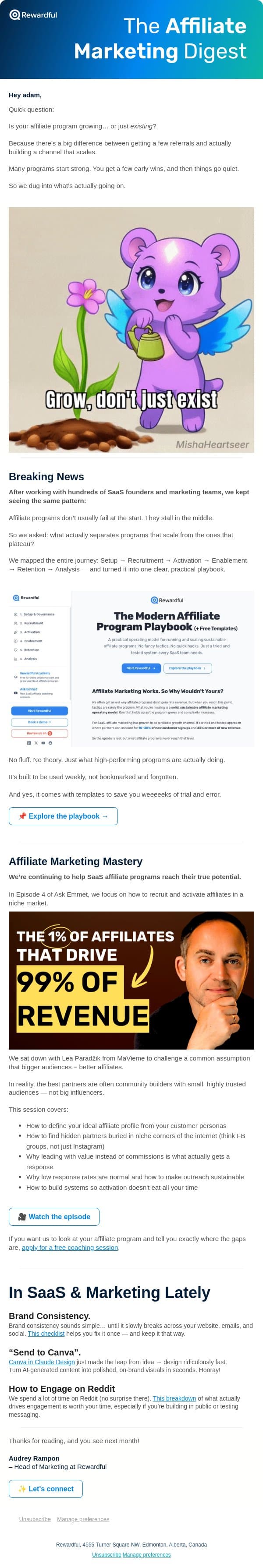 Setup → growth → stall (what’s going on?) email from Rewardful screenshot