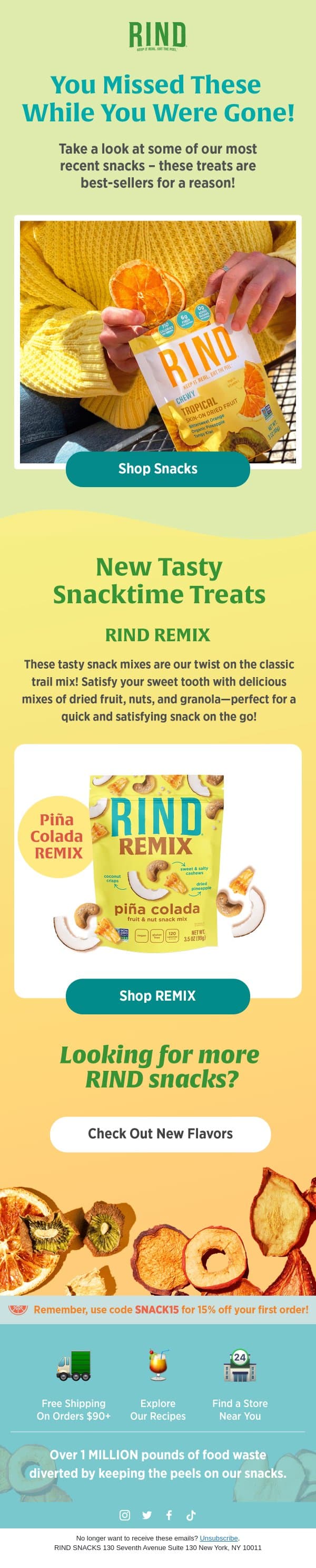 We've missed you, friend! ππ₯₯ππ« email from RIND Snacks screenshot
