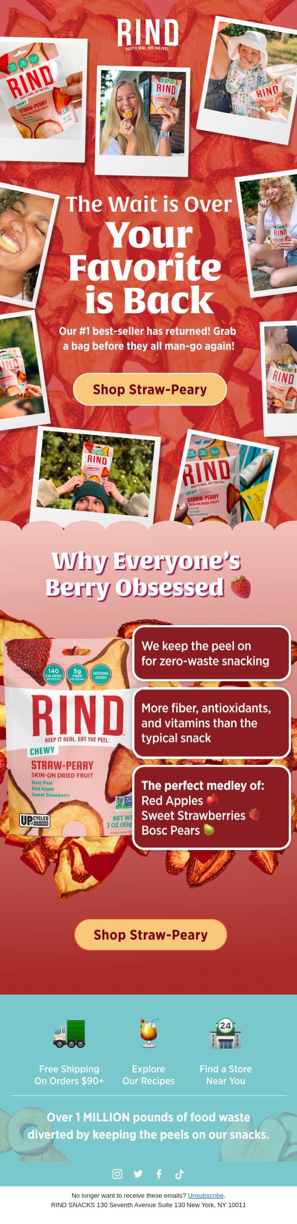 Straw-Peary is finally back! ๐๐ email from RIND Snacks screenshot