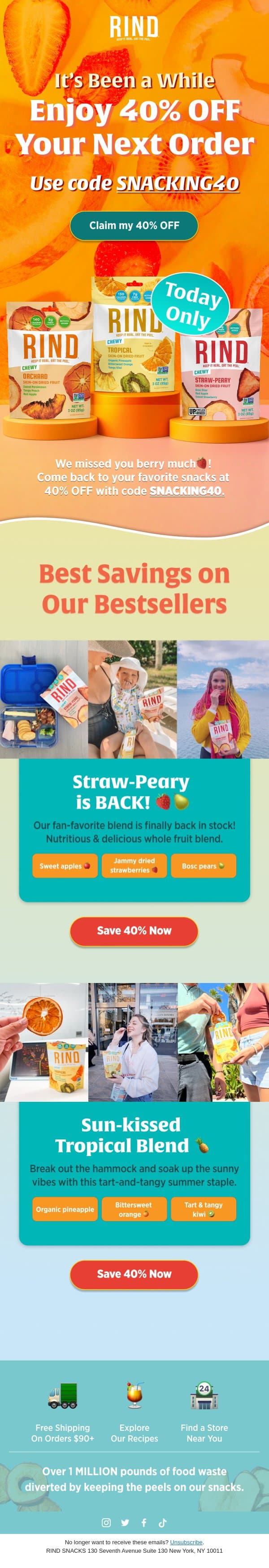 40% OFF! TODAY ONLY email from RIND Snacks screenshot