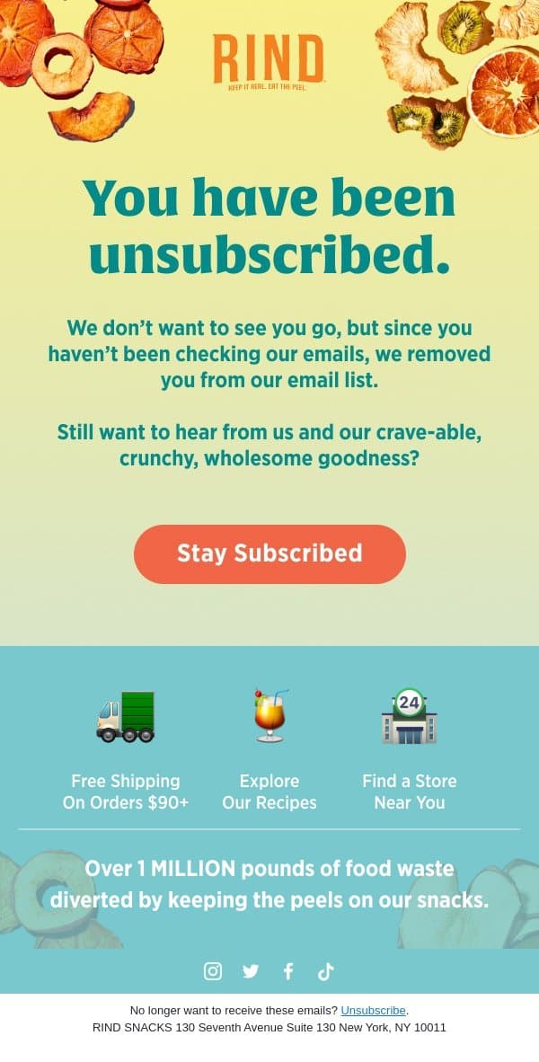 You Have Been Unsubscribed email from RIND Snacks screenshot