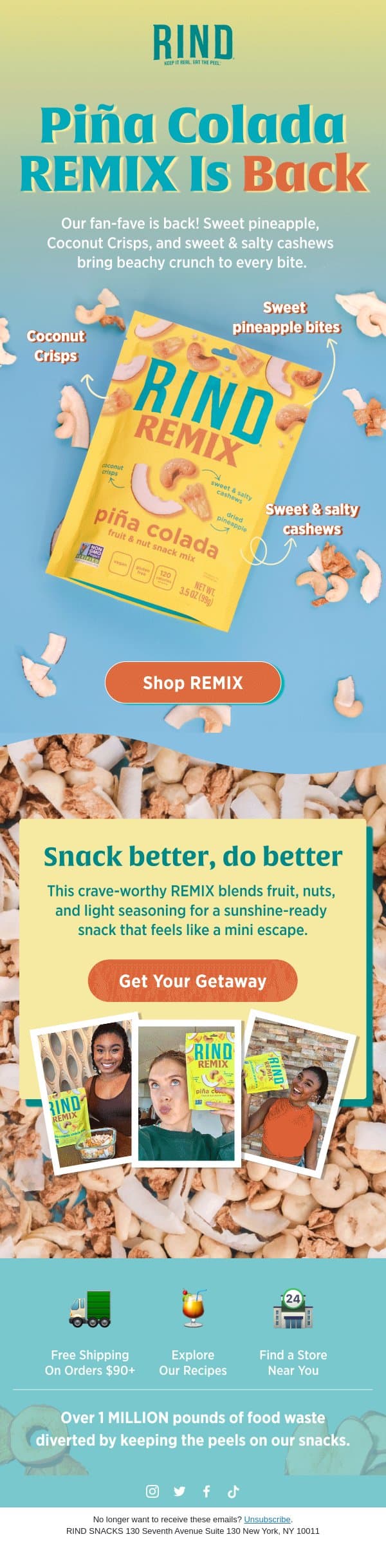 A Tropical Treat Has Returned! 🥥🍍 email from RIND Snacks screenshot