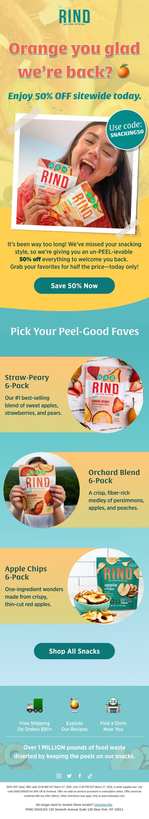 50% OFF: We miss you BERRY much! π email from RIND Snacks screenshot