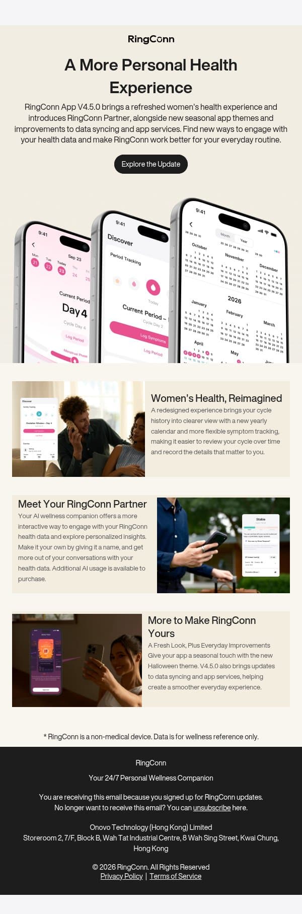 V4.5.0 Update: A More Personal Way to Understand Your Health email from RingConn screenshot