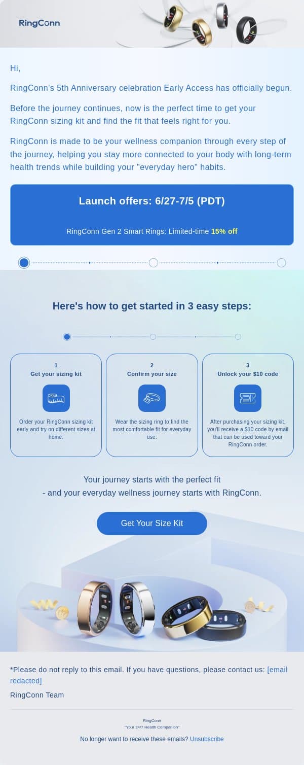 RingConn's 5th Anniversary Early Access – Get Your Sizing Kit email from RingConn screenshot