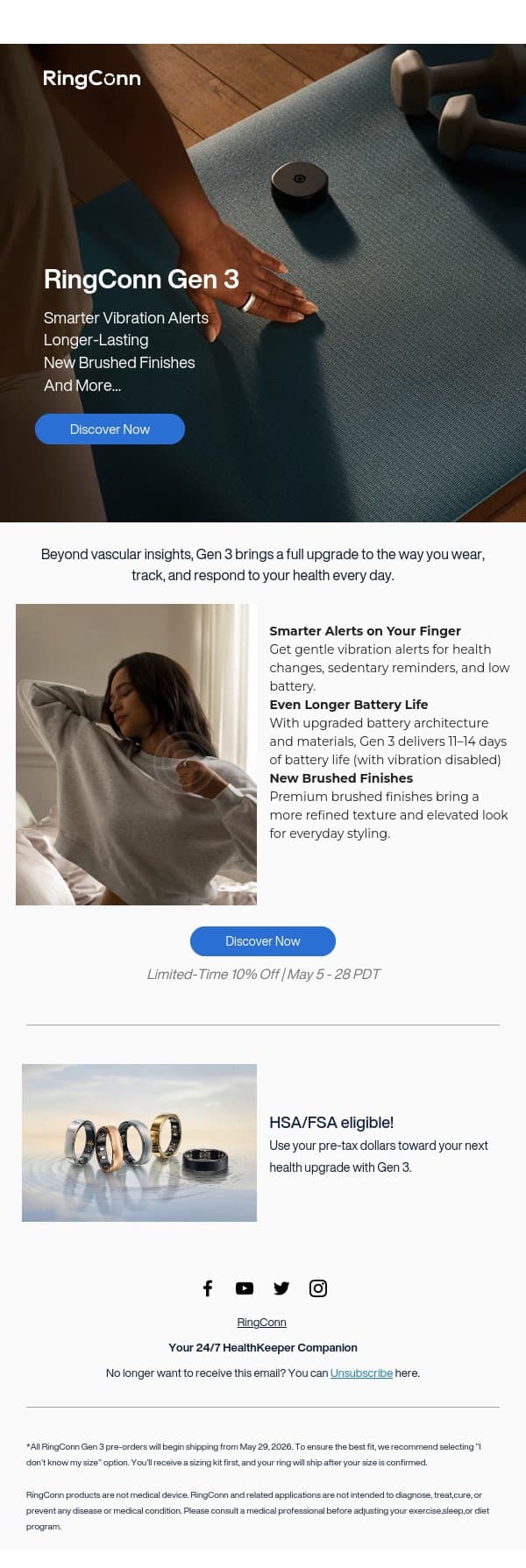 Gen 3: Vibration. Longer-Lasting. More Refined. email from RingConn screenshot