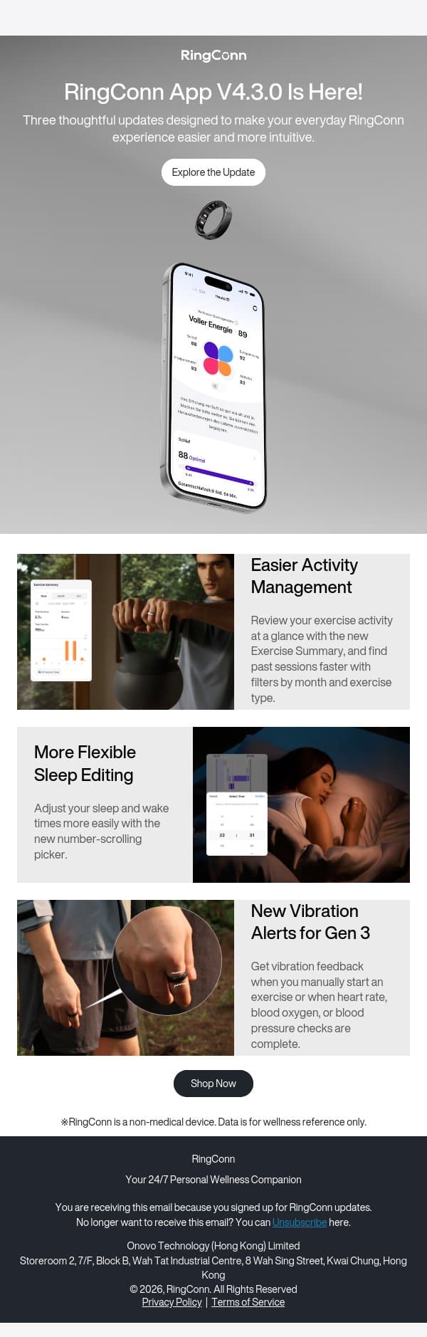 V4.3.0: Three Updates for a Smoother Experience ✨ email from RingConn screenshot