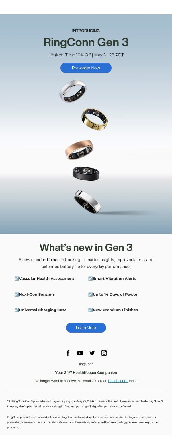 New Gen 3 is Here - 10% off pre-order email from RingConn screenshot