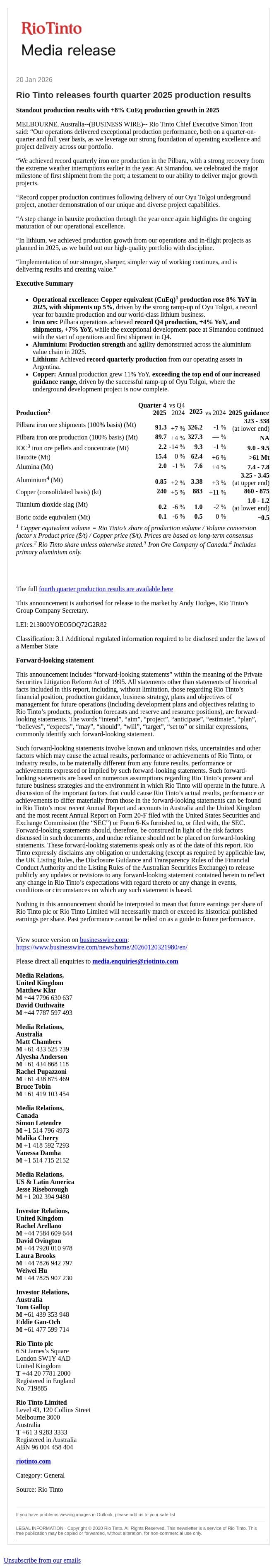 Rio Tinto releases fourth quarter 2025 production results email from Rio Tinto screenshot