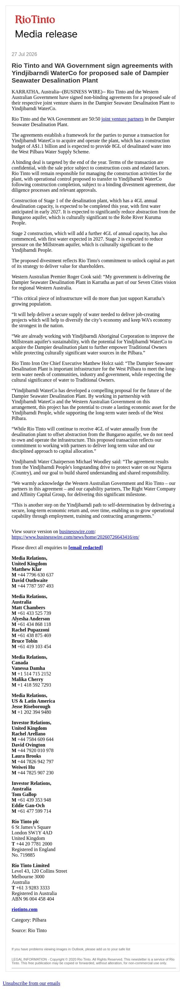 Rio Tinto and WA Government sign agreements with Yindjibarndi WaterCo for proposed sale of Dampier Seawater Desalination Plant email from Rio Tinto screenshot