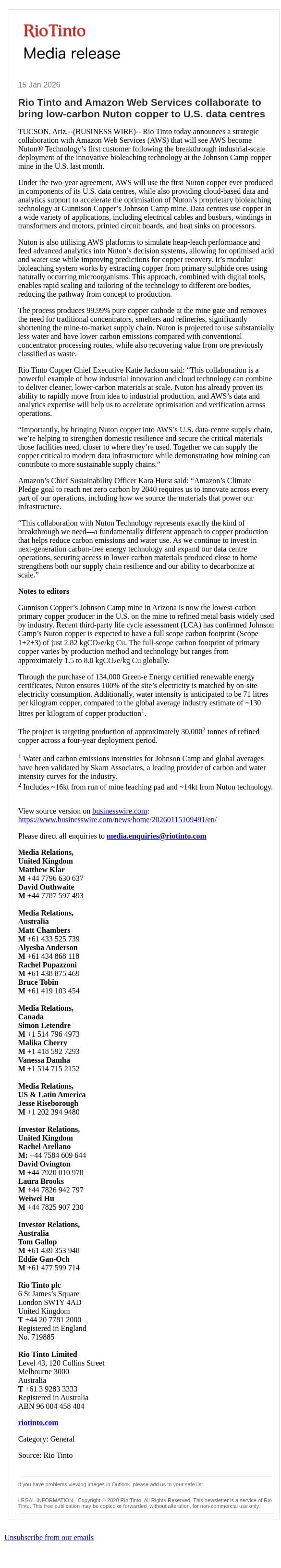 Rio Tinto and Amazon Web Services collaborate to bring low-carbon Nuton copper to U.S. data centres email from Rio Tinto screenshot
