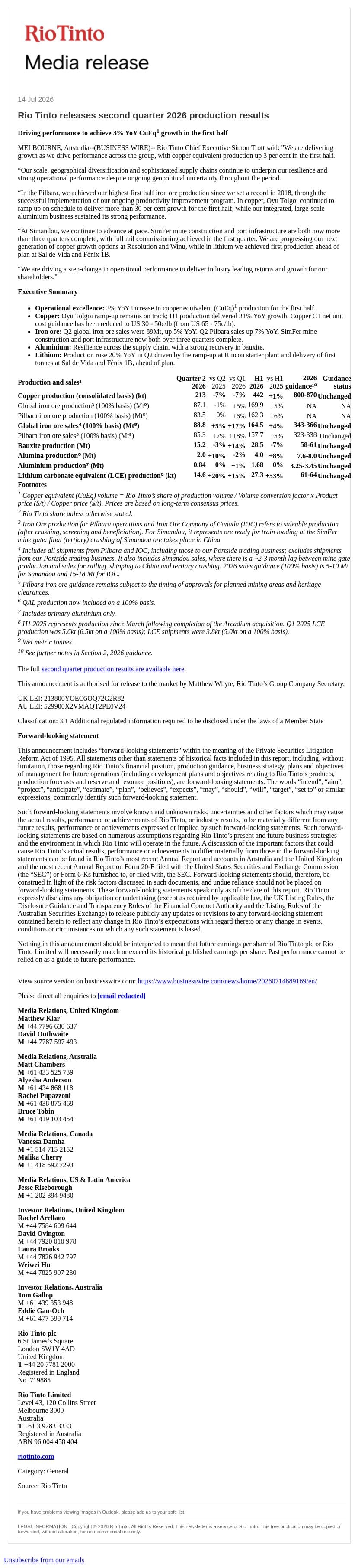 Rio Tinto releases second quarter 2026 production results email from Rio Tinto screenshot