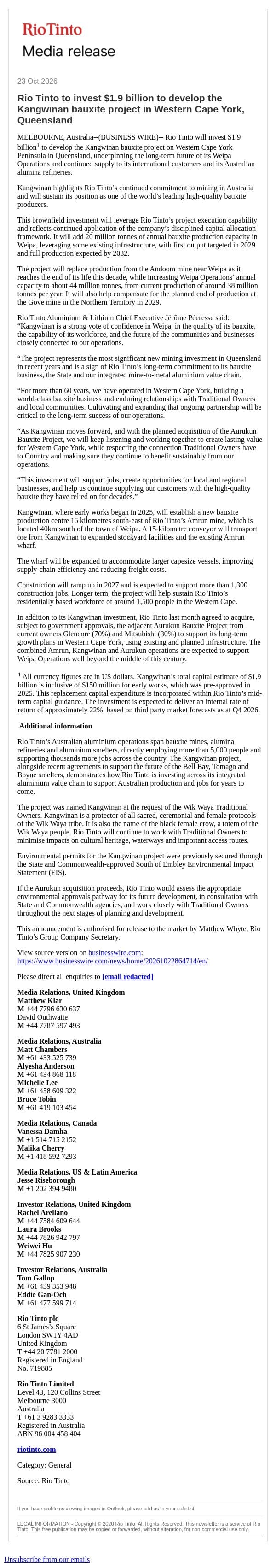 Rio Tinto to invest $1.9 billion to develop the Kangwinan bauxite project in Western Cape York, Queensland email from Rio Tinto screenshot