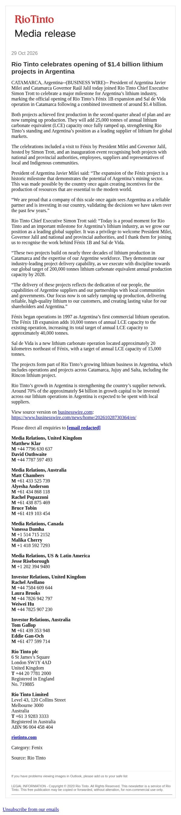 Rio Tinto celebrates opening of $1.4 billion lithium projects in Argentina email from Rio Tinto screenshot