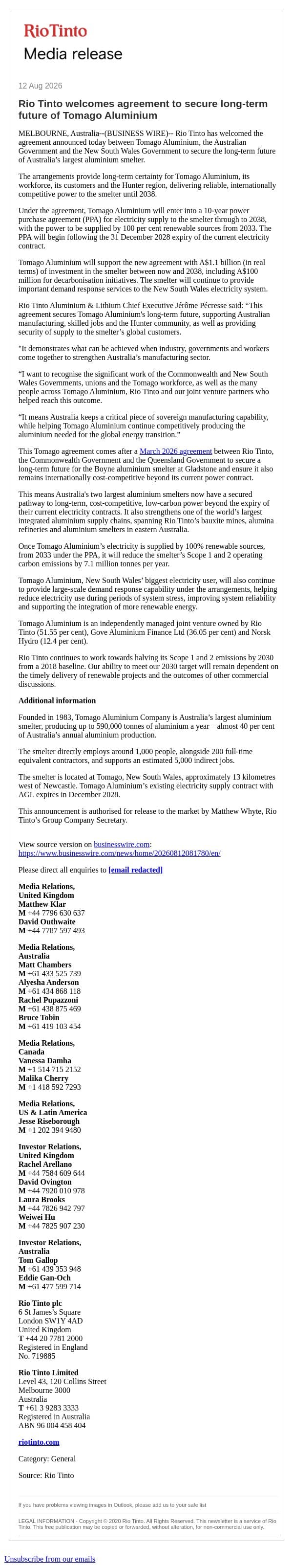 Rio Tinto welcomes agreement to secure long-term future of Tomago Aluminium email from Rio Tinto screenshot