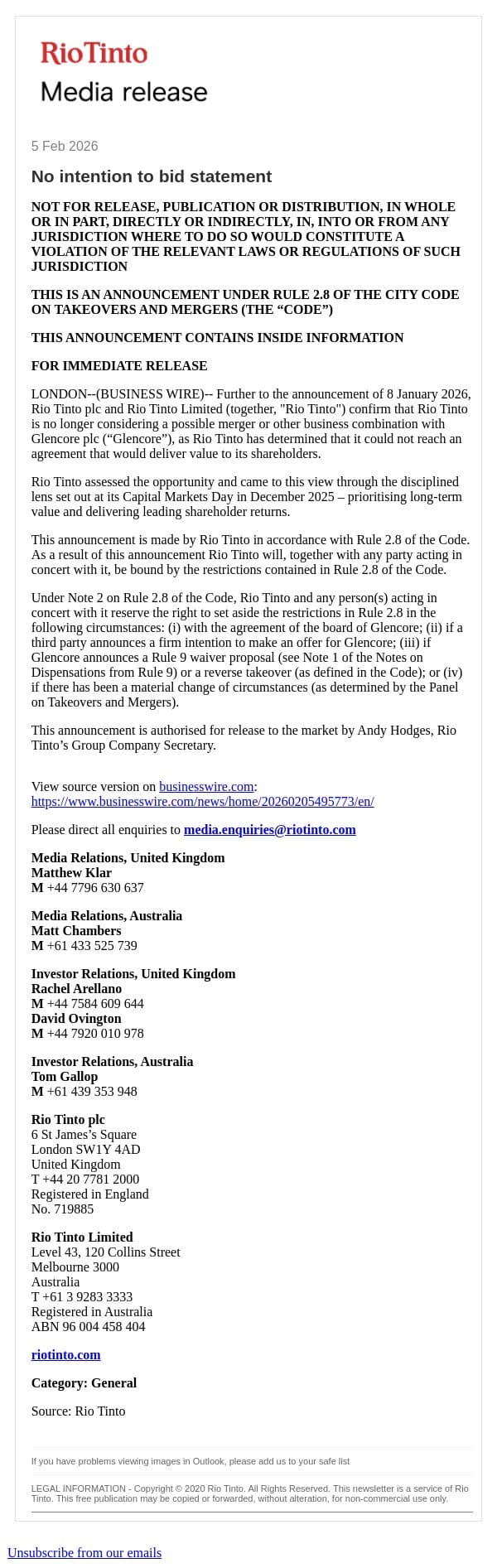 No intention to bid statement email from Rio Tinto screenshot