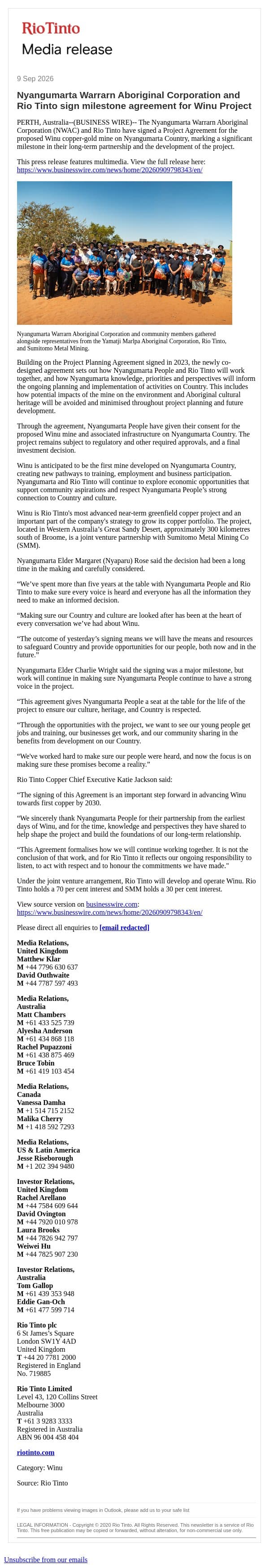 Nyangumarta Warrarn Aboriginal Corporation and Rio Tinto sign milestone agreement for Winu Project email from Rio Tinto screenshot
