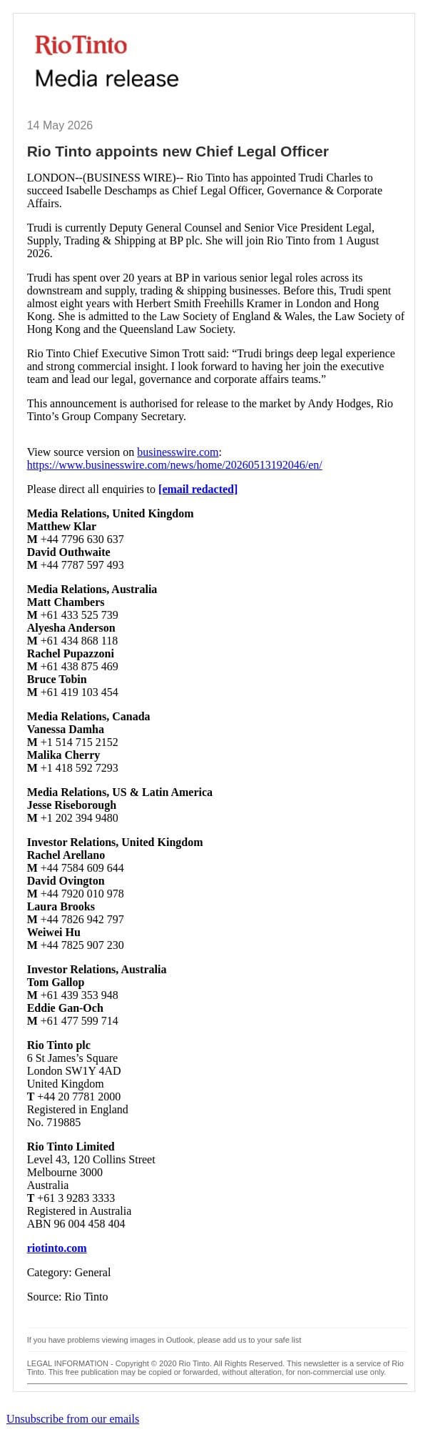 Rio Tinto appoints new Chief Legal Officer email from Rio Tinto screenshot