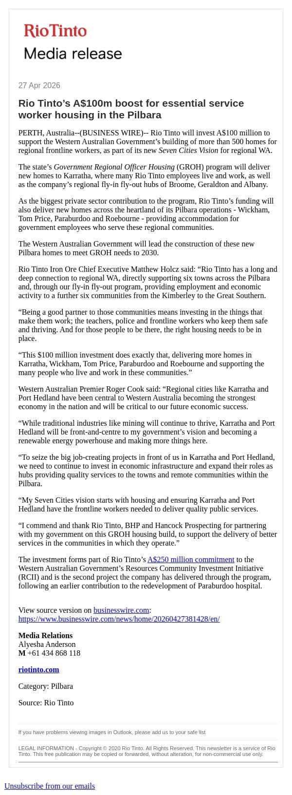 Rio Tinto’s A$100m boost for essential service worker housing in the Pilbara email from Rio Tinto screenshot
