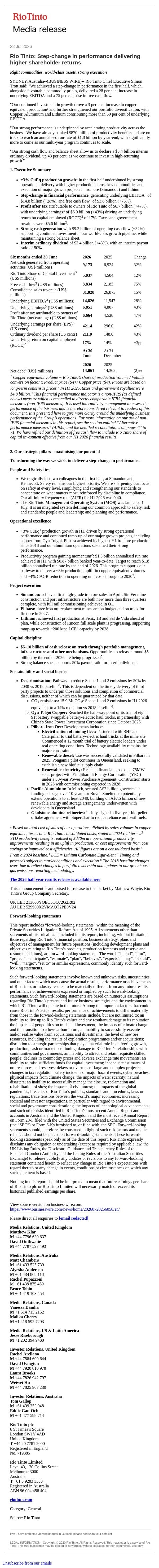 Rio Tinto: Step-change in performance delivering higher shareholder returns email from Rio Tinto screenshot