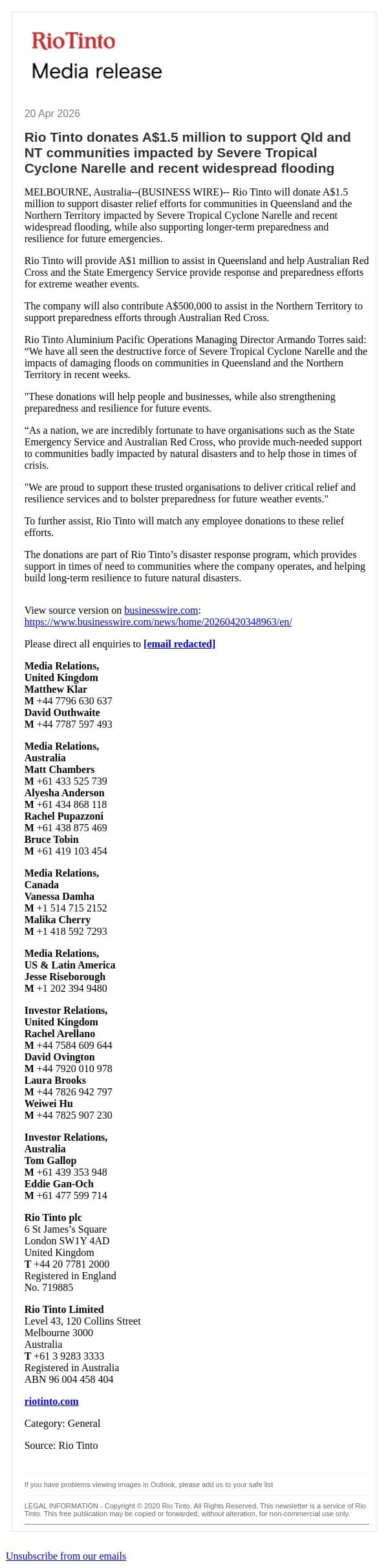 Rio Tinto donates A$1.5 million to support Qld and NT communities impacted by Severe Tropical Cyclone Narelle and recent widespread flooding email from Rio Tinto screenshot