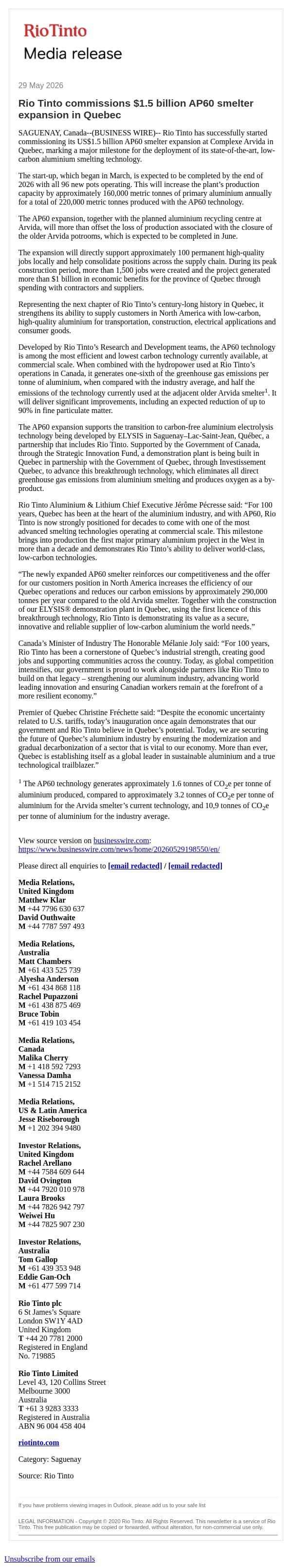 Rio Tinto commissions $1.5 billion AP60 smelter expansion in Quebec email from Rio Tinto screenshot