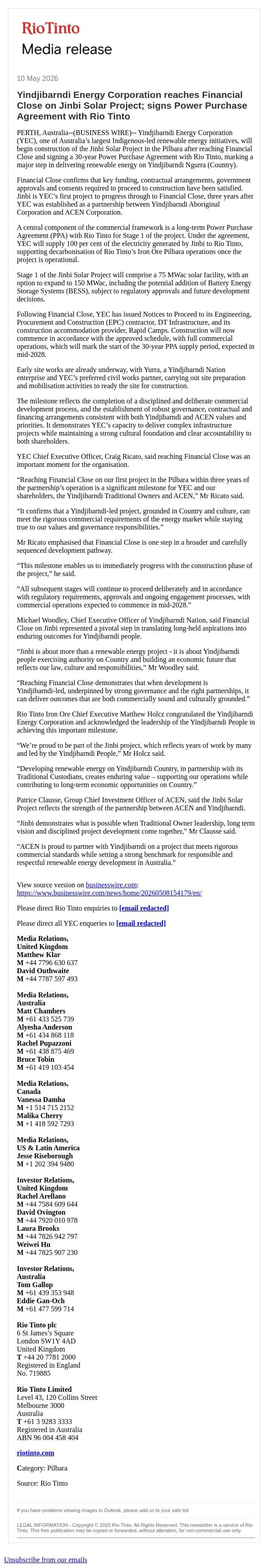 Yindjibarndi Energy Corporation reaches Financial Close on Jinbi Solar Project; signs Power Purchase Agreement with Rio Tinto email from Rio Tinto screenshot
