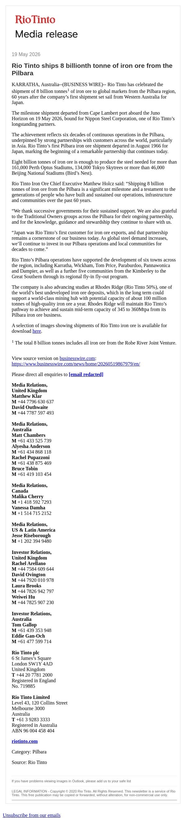 Rio Tinto ships 8 billionth tonne of iron ore from the Pilbara email from Rio Tinto screenshot
