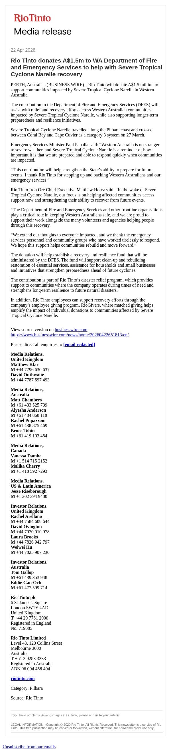 Rio Tinto donates A$1.5m to WA Department of Fire and Emergency Services to help with Severe Tropical Cyclone Narelle recovery email from Rio Tinto screenshot