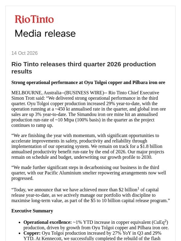 Rio Tinto releases third quarter 2026 production results email from Rio Tinto
