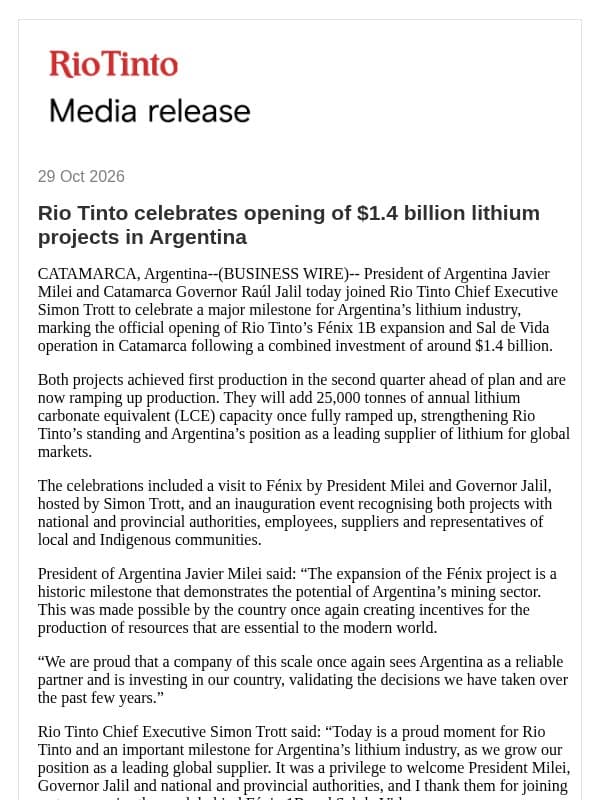Rio Tinto celebrates opening of $1.4 billion lithium projects in Argentina email from Rio Tinto