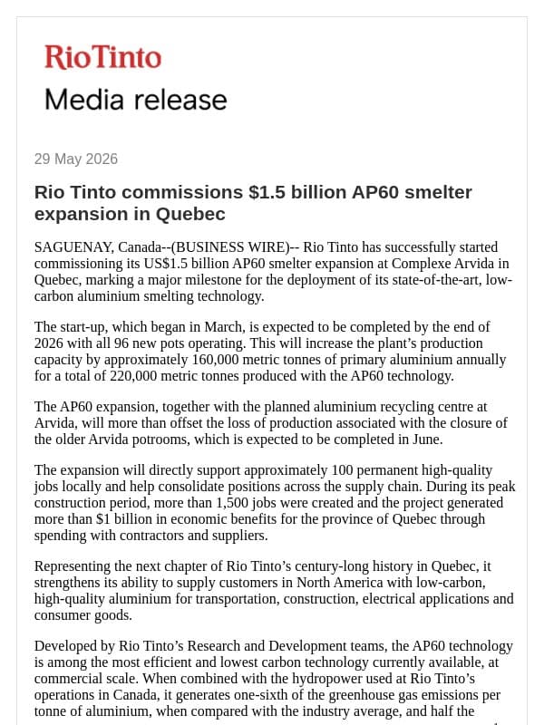 Rio Tinto commissions $1.5 billion AP60 smelter expansion in Quebec email from Rio Tinto