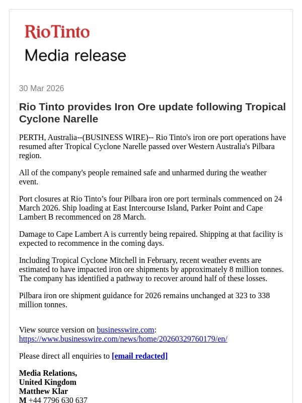 Rio Tinto provides Iron Ore update following Tropical Cyclone Narelle email from Rio Tinto