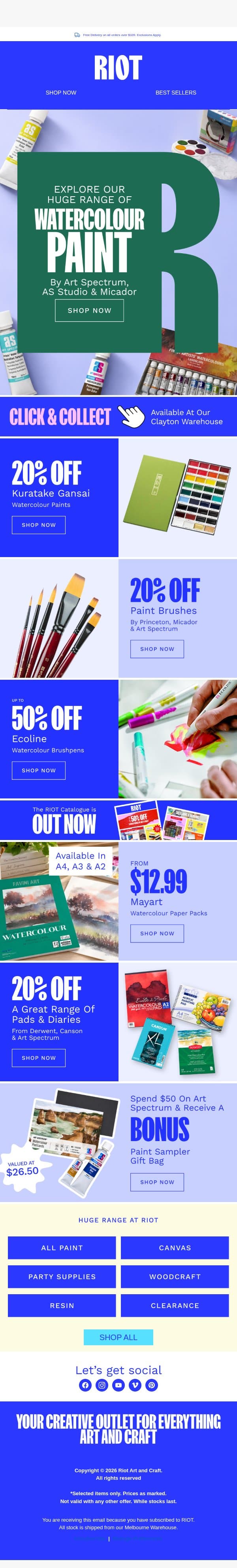 Explore Our Huge Range Of Watercolour Paint email from Riot Art & Craft screenshot