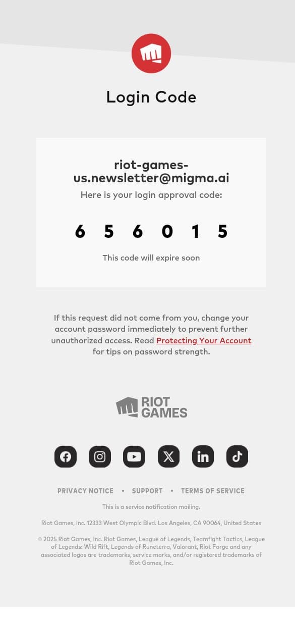 Login Code: 656015 email from Riot Games screenshot