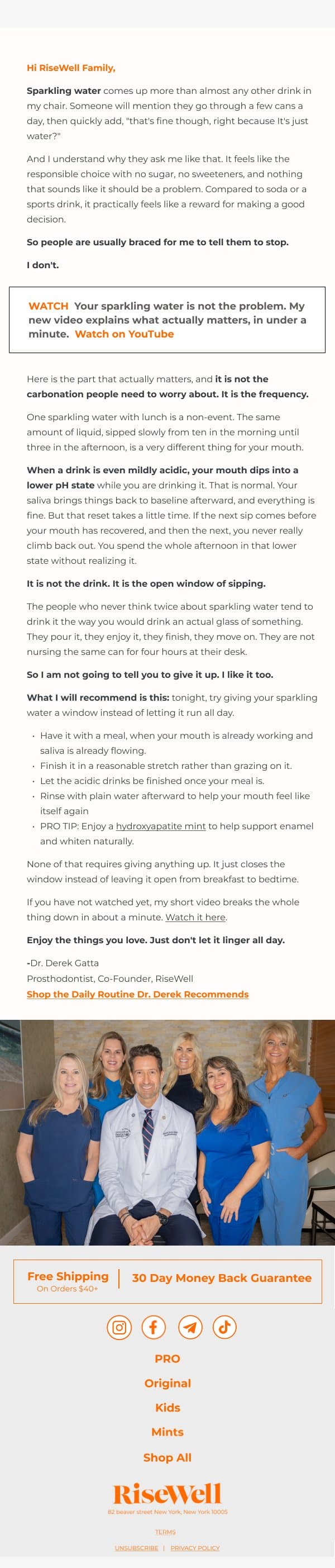 The one question I get about sparkling water.🫧 email from Risewell screenshot