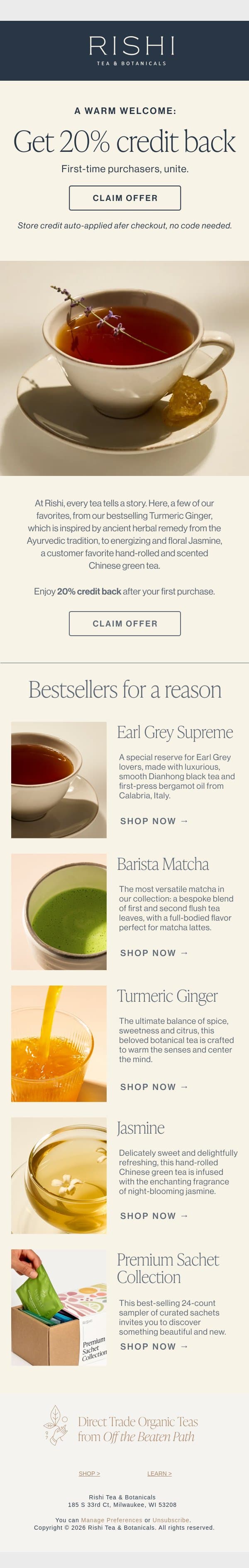 20% Back On Favorite Teas email from Rishi Tea & Botanicals screenshot