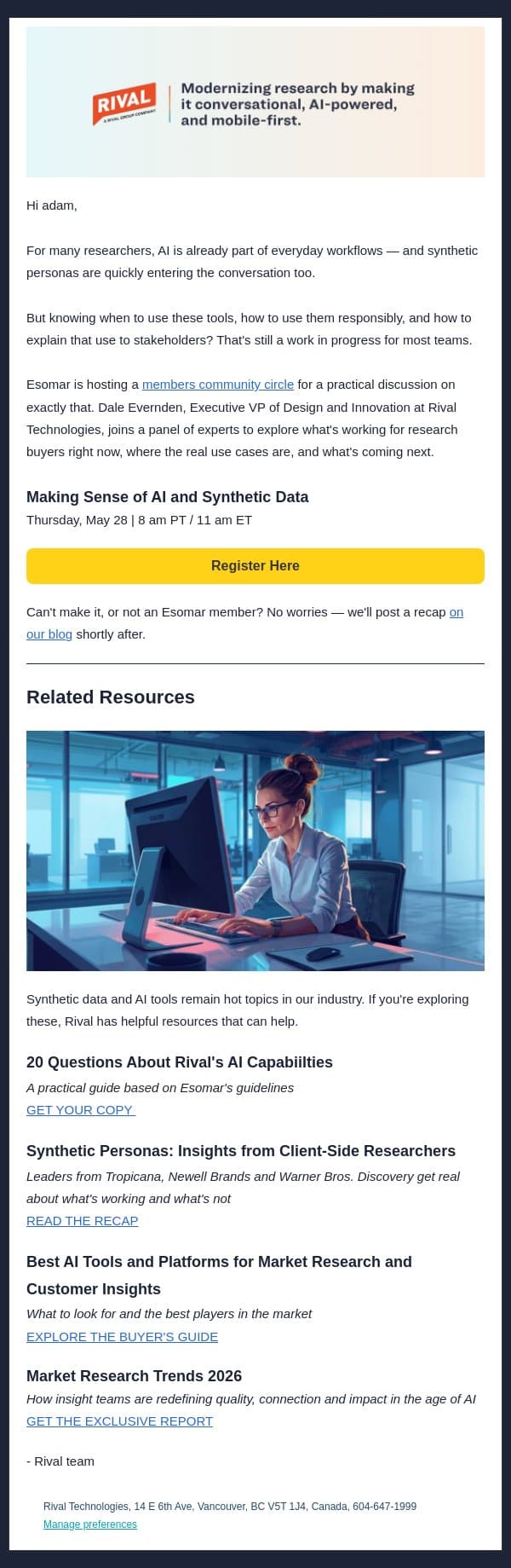 Are synthetic personas ready for real research? email from Rival Technologies screenshot