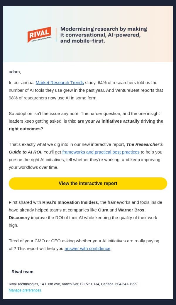 Your AI stack keeps growing. Is the ROI? email from Rival Technologies screenshot