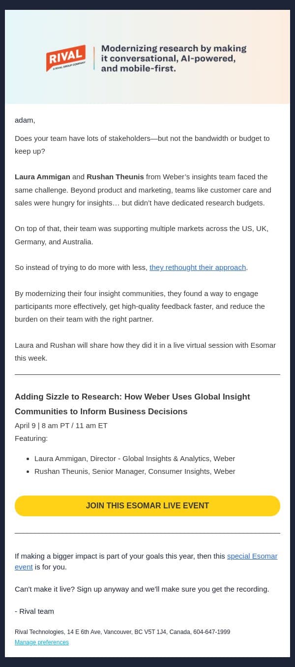 Lack bandwidth and budget? There’s another way. email from Rival Technologies screenshot