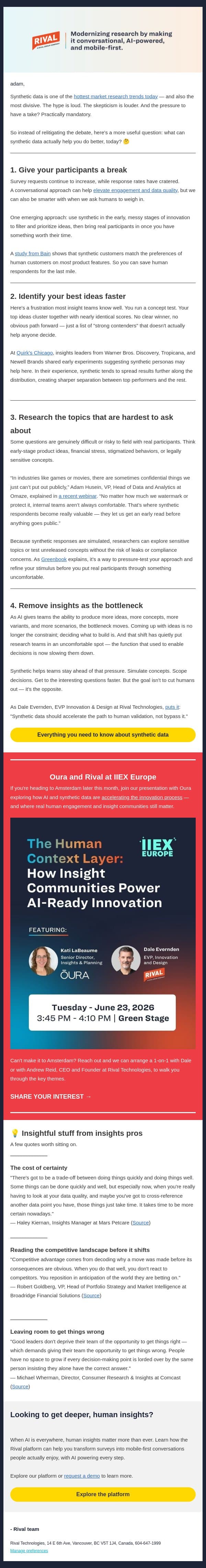 Synthetic data divides researchers. But these use cases are real. email from Rival Technologies screenshot