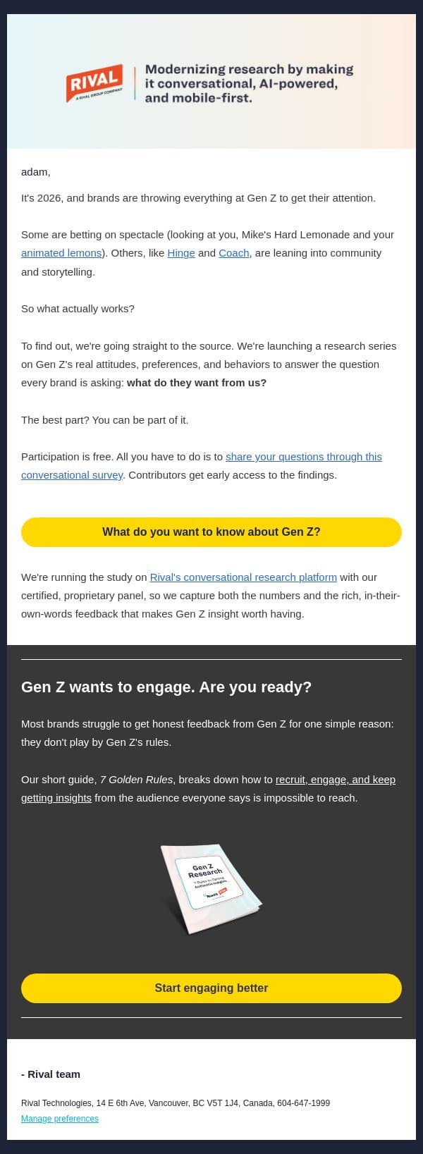 What does Gen Z actually want from your brand? email from Rival Technologies screenshot