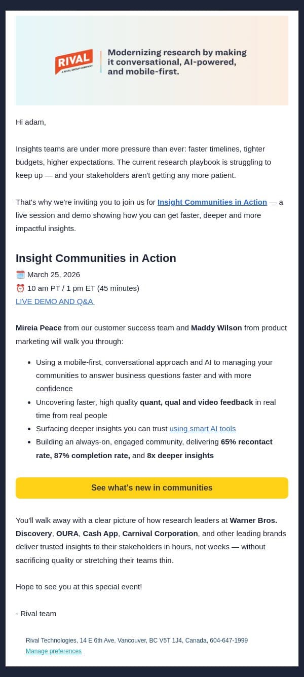 Faster, deeper and more impactful insights with communities email from Rival Technologies screenshot