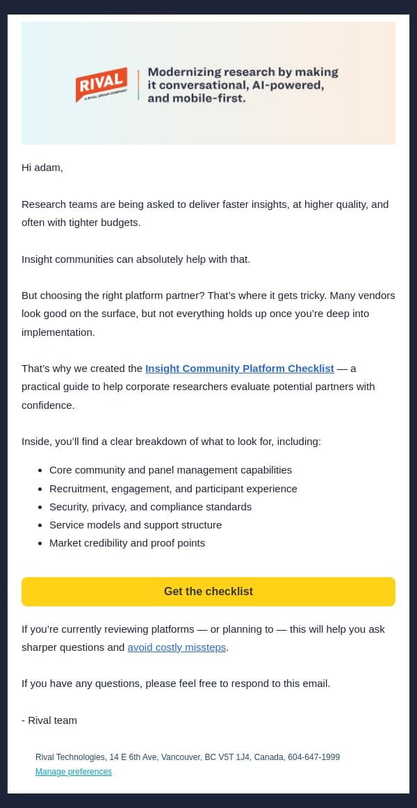 The secret to choosing the right community partner email from Rival Technologies screenshot