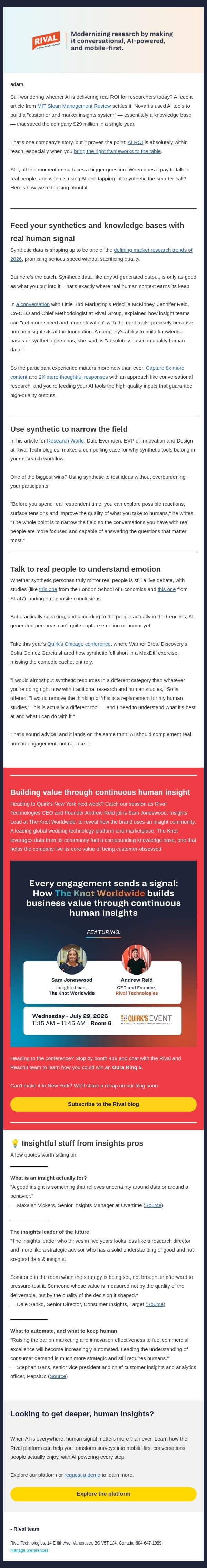 When to use AI, when to talk to humans email from Rival Technologies screenshot