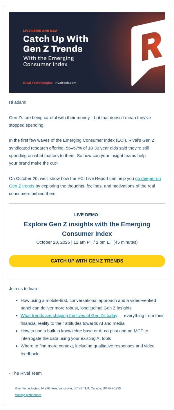 When money is tight, how do Gen Zs decide what to cut? email from Rival Technologies screenshot