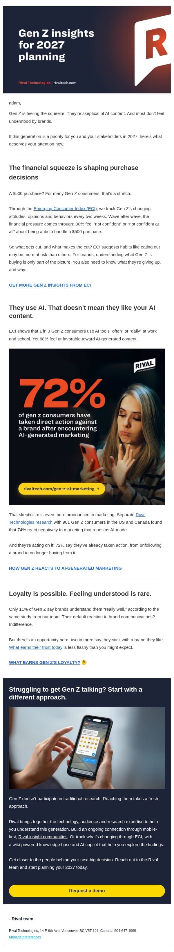 Gen Z in 2027: Financial pressure. Higher expectations. email from Rival Technologies screenshot