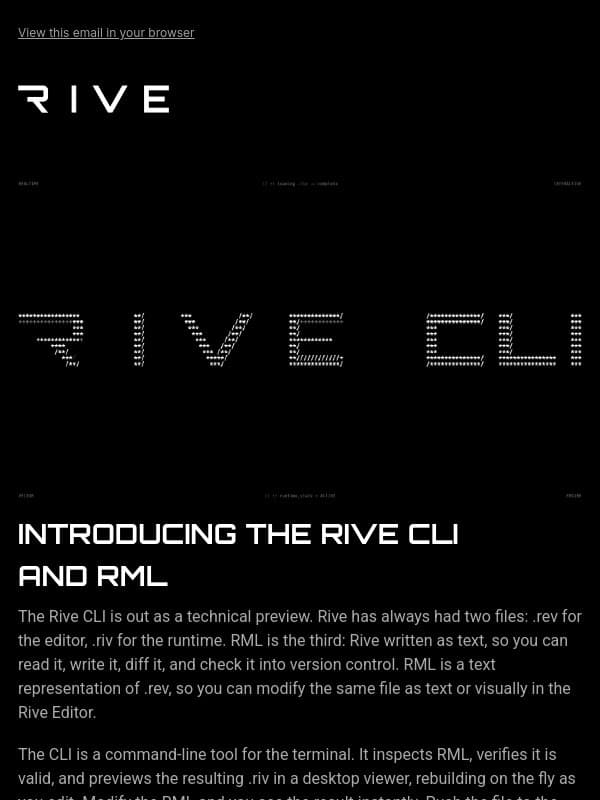 Introducing the Rive CLI and RML, plus GPU Canvas for everyone email from Rive